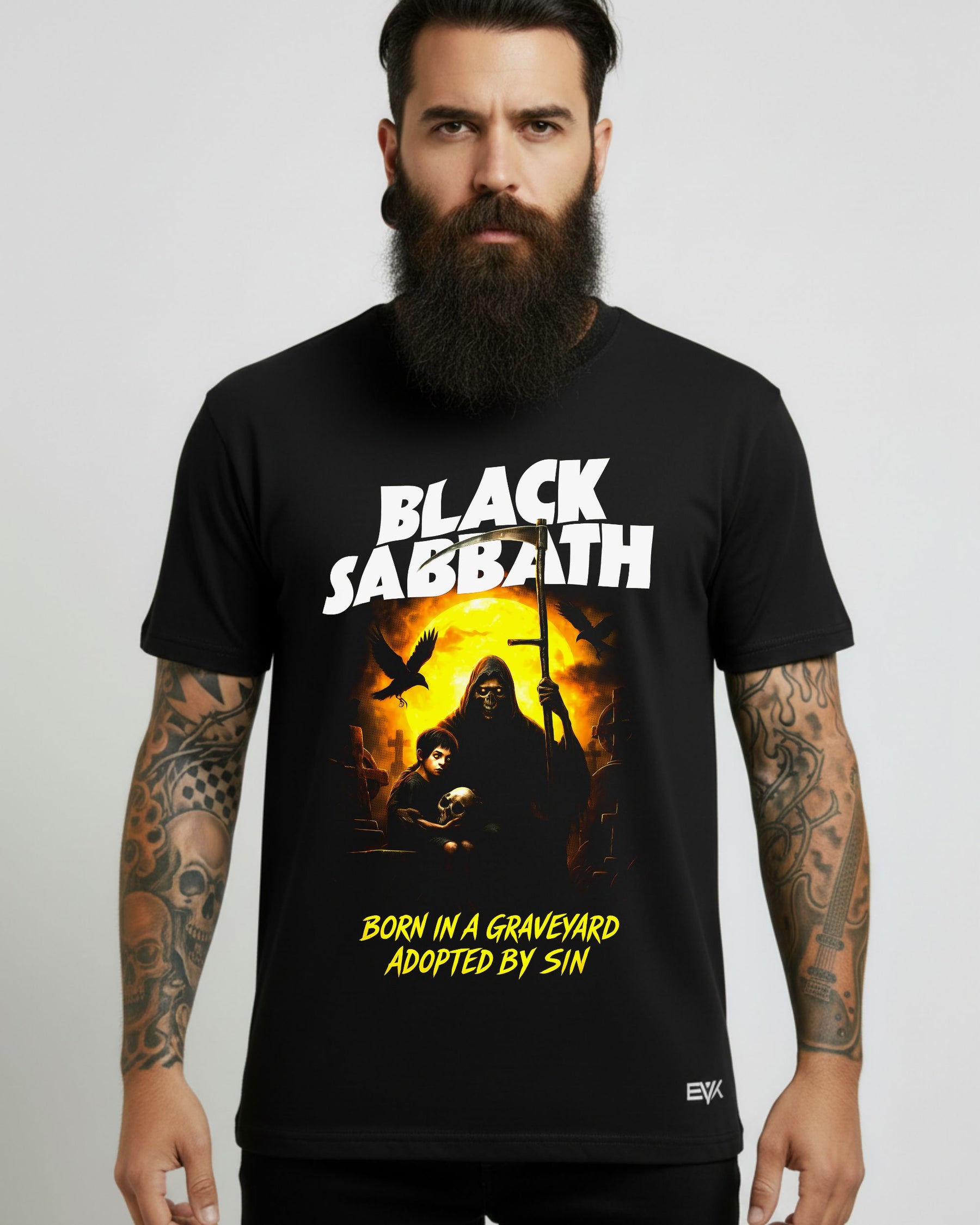 Camiseta Black Sabbath – Born in a Graveyard, Adopted by Sin
