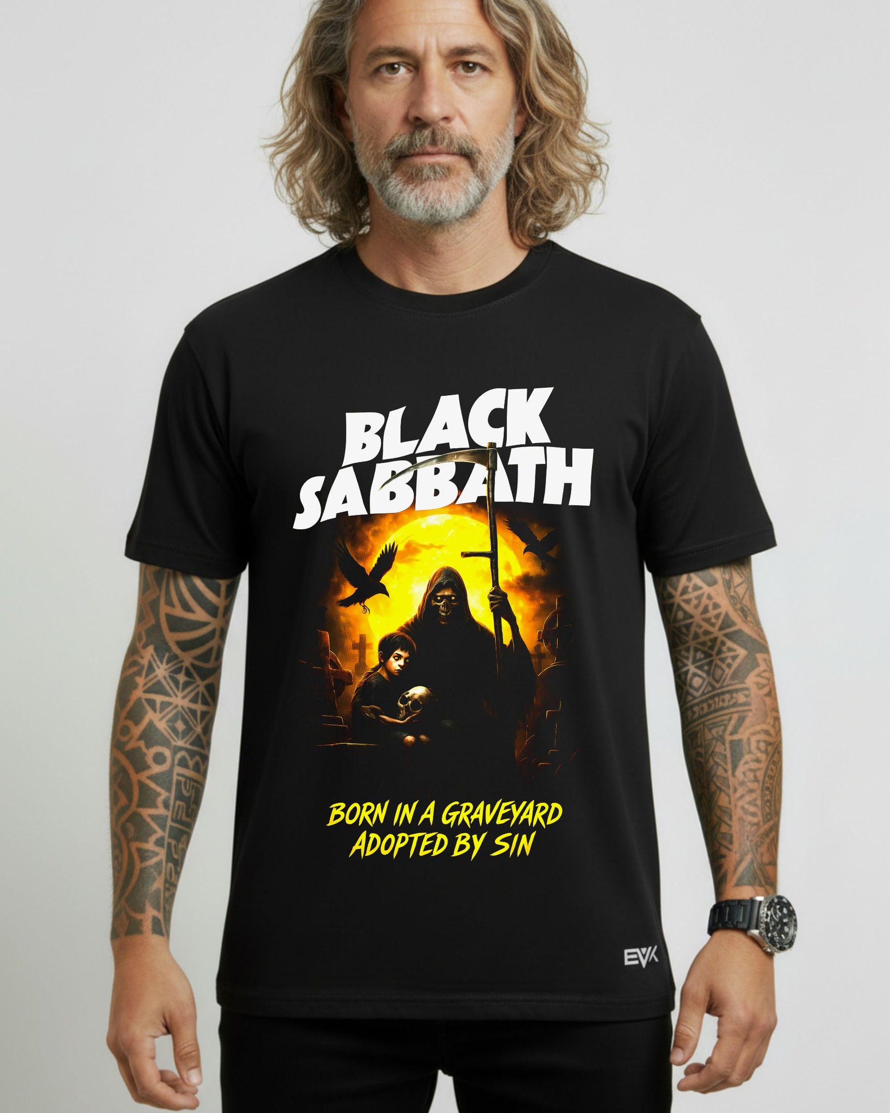 Camiseta Black Sabbath – Born in a Graveyard, Adopted by Sin